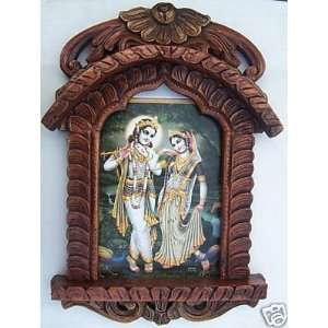 Radha Krishna in dancing position, Painting in Jarokha made with Wood 