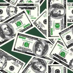  Money 20 and 100 Dollar Bills on Dark Green Cotton Fabric 