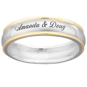   Silver Top Engraved Name/Message Two Tone Wedding Band Jewelry