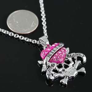  Love Kills Slowly Pink Crystals Heart Skull Necklace 
