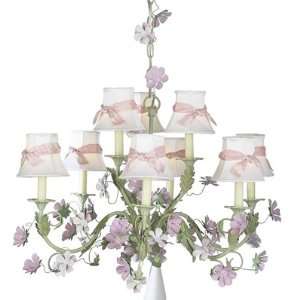 pink & green 9 arm leaf & flower chandelier w/shade