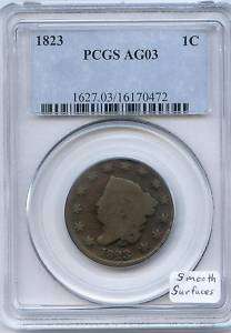 1823 Large Cent PCGS AG 3 Smooth, Good Obverse  
