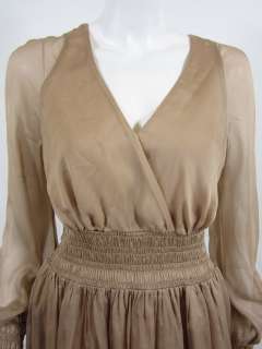 Halston Heritage womens khaki smocked cinch waist silk dress $375 New 