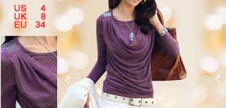Ladies Cowl Neck Pleated Long Sleeves Autumn Shirt Top    Purple,4 