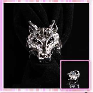 New METAL Inlaid with Rhinestone Wolf Head Adjustable Ring COOL P0227 