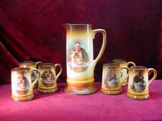 Vintage Limoges 7 Pc English Pictorial Pitcher & 6 Mugs  