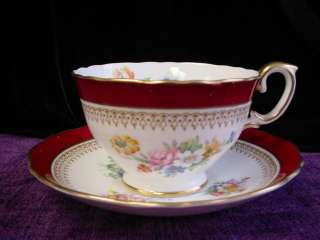 Staffordshire Bone China Burgundy Floral CUP & SAUCER  