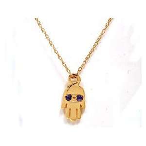   Yellow Gold Luck Talisman Hand Pendant Necklace with Sapphire Eyes