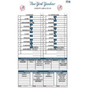  Yankees at Dodgers 6 25 2010 Game Used Lineup Card 
