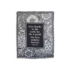  THROW 48X60 GIVE THANKS BLACK AND BEIGE 100% COTTON 