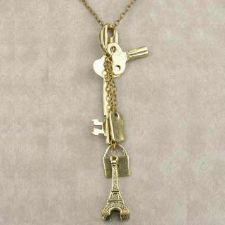 Free Ship Tower Carved Lock Key Vintage Retro Copper Pendant Necklace 