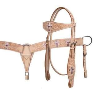  Tooled Headstall, Reins, And Breast Collar Set with Cross 