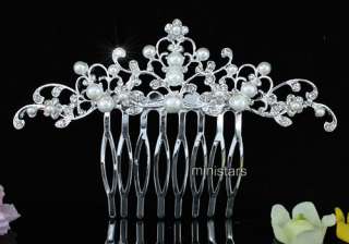 Bridal Wedding Flower Crystal Faux Pearl Hair Comb AT1443  