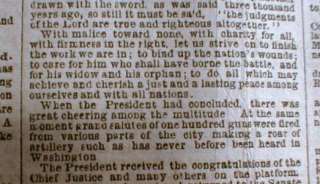 1865 Civil War newspaper ABRAHAM LINCOLN INAUGURATION w speech 