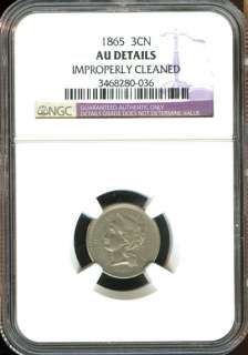 1865 NGC AU DETAILS IMPROPERLY CLEANED NICKEL THREE CENT PIECE 3CN 