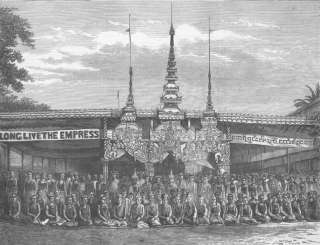 BURMA Pavilion & Co of performers, Moulmein, print, 1877  