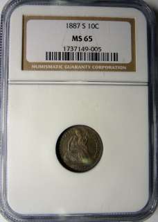 1887 S SEATED DIME NGC MS65 GEM SUPERB COLOR  