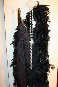 Womens 1920s FLAPPER DRESS COSTUME with pearl necklace and boa  Plus 