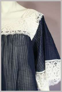 Vintage 70s Navy Blue & White Pin Tucked Cotton Lace Mexican Peasant 