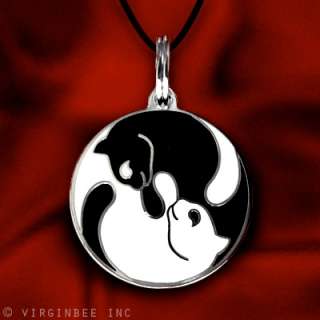 YIN YANG TWINS CATS FELINE MEDAL COLLAR CHARM PENDANT NECKLACE  