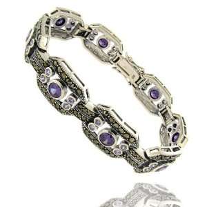   Sterling Silver Simulated Amethyst Wide Marcasite Bracelet Jewelry