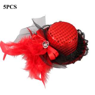 5PCS Fashion Lady Gilrs Red Bow Feather Lace Hair Clip Mini Top Hat 