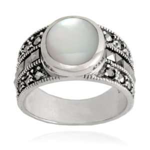  Sterling Silver Marcasite and Mother Of Pearl Inlay Ring 