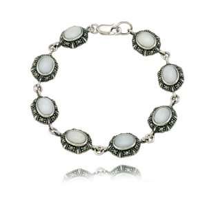   Silver Marcasite and Mother Of Pearl Ovals Bracelet, 7.5 Jewelry