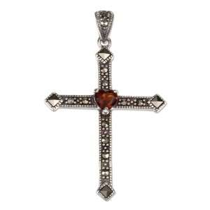   Silver 27 X 34mm Garnet Heart Marcasite Cross Pendant Jewelry