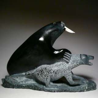 SPECTACULAR WALRUS AND BEAR FIGHT CARVING BY ABRAHAM ULAYURULUK FROM 