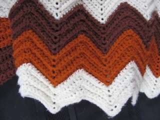   Crochet Afghan Brown Tan White 62x52 Granny Ripple Striped Zig Zag