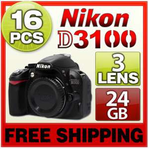 Nikon D3100 SLR Camera Body & 16PC 24GB 3 Lens 689466369014  