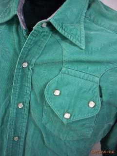 Vtg 50s Tem Tex.Corduroy Western Cowboy Shirt.Mens M. Green Turquoise 