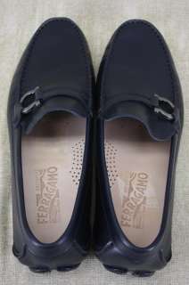 Salvatore Ferragamo Dublo Dark Blue Leather Driving Loafers Moccasins 