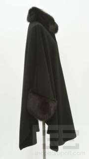 Revillion Black Wool & Dark Brown Fox Fur Trim Cape Coat  