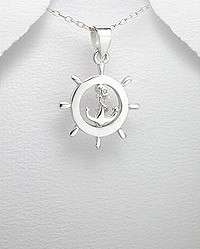 STERLING SILVER SHIPS WHEEL AND ANCHOR PENDANT NECKLACE  