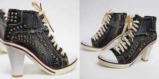   Denim Bleach Sneakers Zip High Heel Shoes US5~8 / Ladies Pumps  