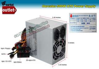 Hercules Silver 500W Silent ATX Power Supply PSU 20 24pin SATA Serial 