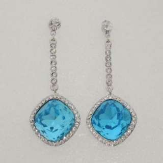 Grance Square Ocean Blue Rinestone Dangle Stud Earrings  