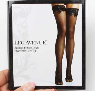 Leg Avenue fishnet thigh highs with lace top Black 6261  