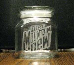 ETCHED GLASS SQUARE CANDY JAR, DIET MOUNTAIN DEW LOGO, MOUNTAIN DEW 