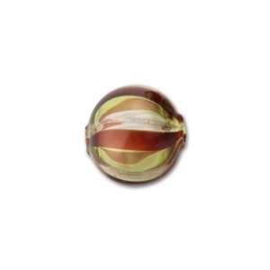  Venetian Blown Glass Round Bead   Red and Citrine Stripes 
