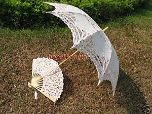 Belgian lace embd Ivory wedding parasol w/matching fan  