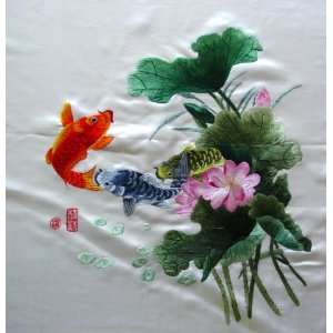  Famous Chinese Art Hand Silk Embroidery Fish Lotus 