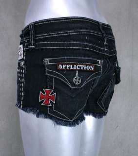 AFFLICTION womens VIKKI sportster flap JOURNEY denim shorts patches 