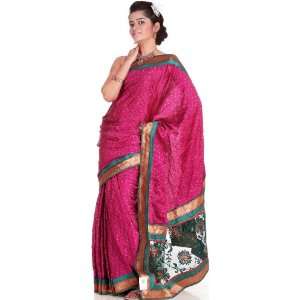    Fuchsia Bandhani Sari with Net Anchal and Patch Border   Satin Silk