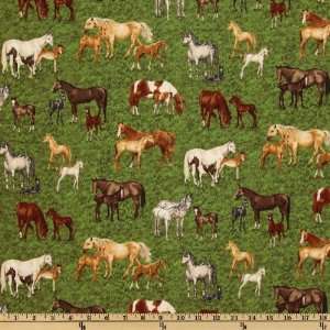  44 Wide Horses Mares & Foals Green Fabric By The Yard 