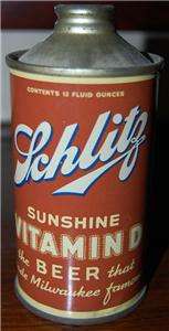 1936 SCHLITZ SUNSHINE VITAMIN D CONE TOP BEER CAN 12 OZ EXTREMELY 