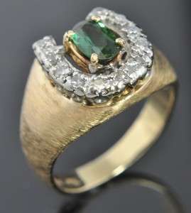 Estate Vtg 14K Gold Diamond & Emerald Horseshoe Ring 8  
