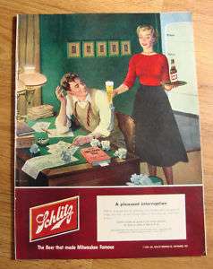 1952 Schlitz Beer Ad Working on Income Taxes  